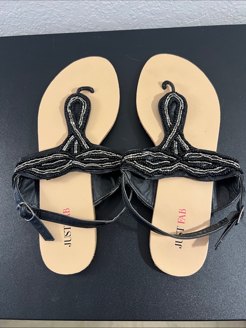 JustFab Black Beaded T-Strap Sandals